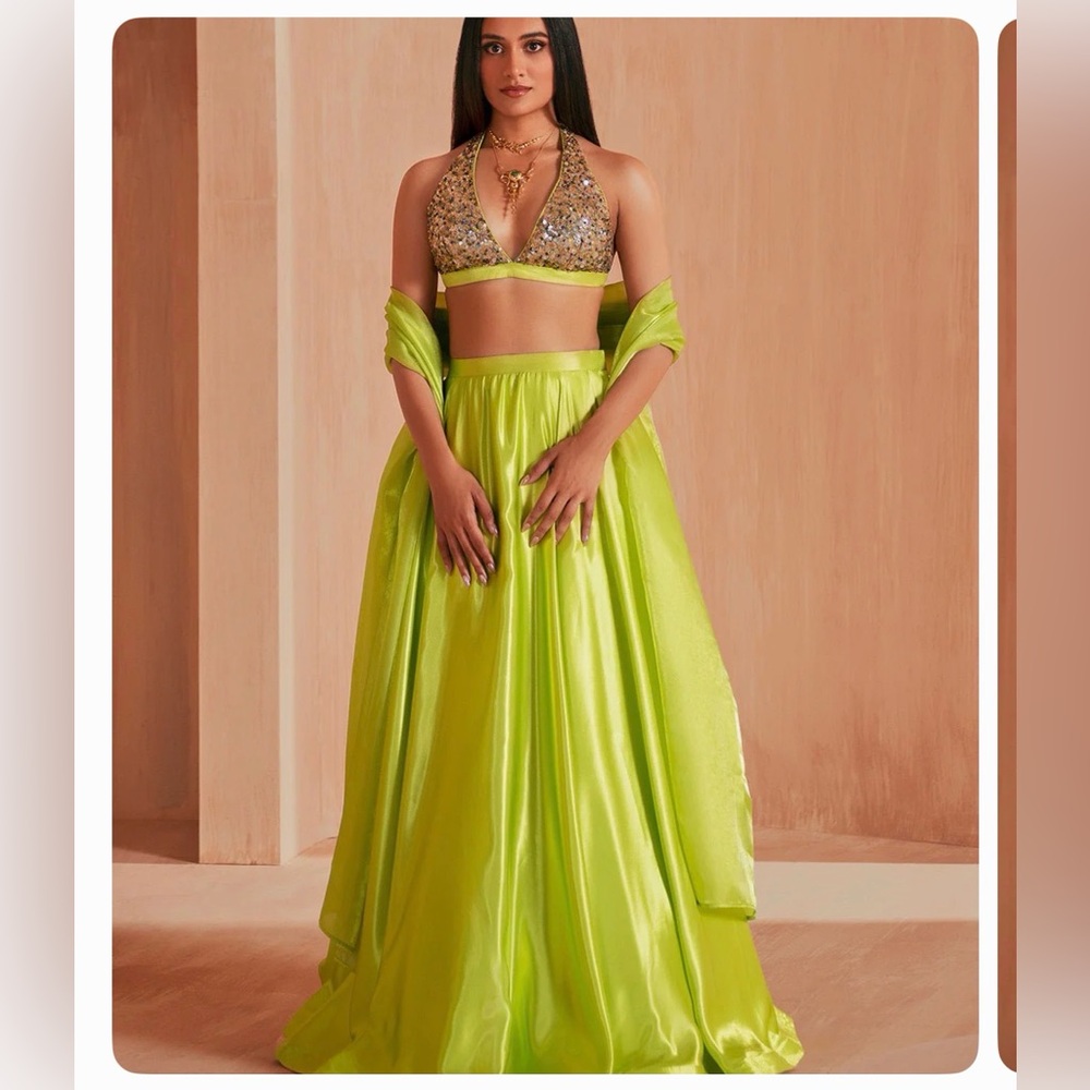 Indian Set - Lime Green Embroidered Satin Lehenga